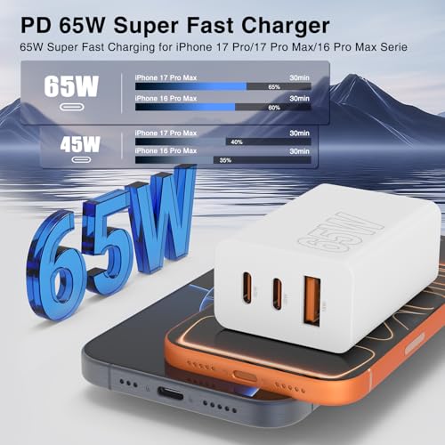 Image of 65W Fast Charging for iPhone Duo 18 17 16 Pro Max,3 Port 100W USB C Charger Block & 3 /6 /6 /10FT Braided Type C Cord for iPhone 17 16 15 Pro,for Samsung S26 Ultra /MacBook Air /iPhone 18 Pro Max-Pink
