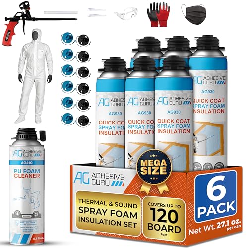Adhesive Guru Spray Foam Insulation Kit (6 x 32.80 oz-120 Board), PU Self-Expanding Spray Adhesive Foam, Closed Cell Heat and Acustic Insulation Spray with Cleaner and Dispensing Gun - 6 Pack