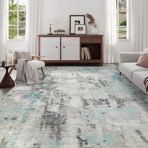 Tapis moderne abstrait bleu et gris famibay résistant et lavable - 7