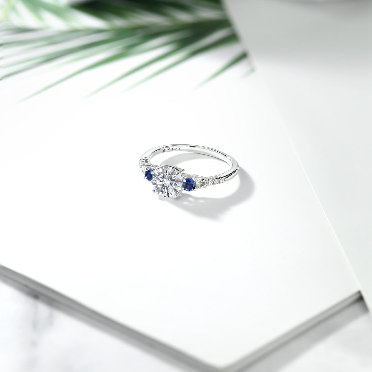 Gem Stone King 10K White Gold Lab Grown Diamond and Blue Created Sapphire Engagement Ring For Women | 0.87 Cttw | Round 6MM | Gemstone Birthstone | Wedding Engagement Anniversary Promise Ring - Image 5