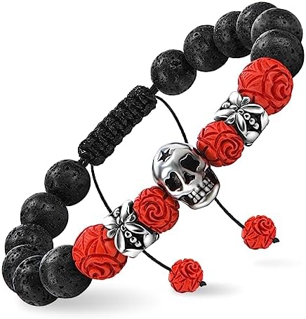 kometer Lava Rock Bracelets for Men, Black Lava Rock 10mm Handmade Bead Bracelet Men Healing Protection Essential Oil Mens Bracelet Gift Bring Luck and Prosperity and Happiness (red)