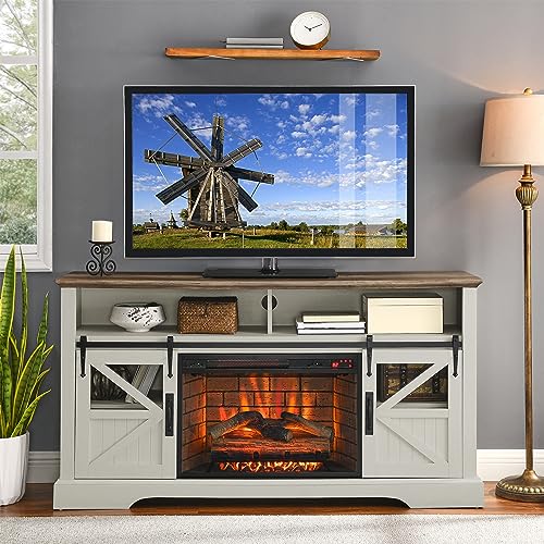 LKJYBG 60 Inch Electric Fireplace TV Stand with Sensor Door Infrared Remote Control Wood Entertainment Center for TVs Up to 70