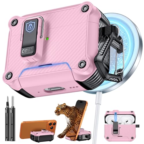 Image of Inesore for AirPods AirPods Pro 1st /2nd Case with Secure Lock (Pink) | Phone Stand Design,Compatible with MagSafe,Automatic Snap Switch Secure Cover Carbon Fiber Texture with Cleaner Kit