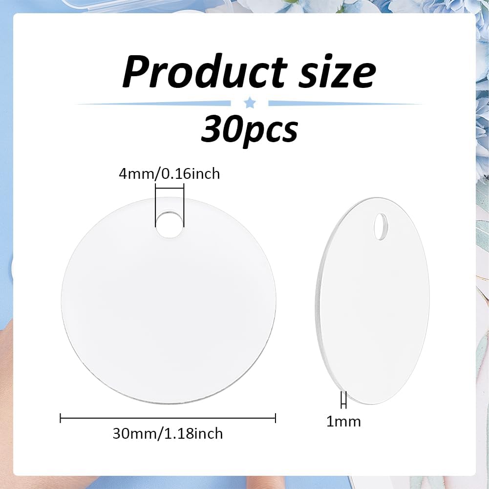 BENECREAT 30PCS Flat Round Sublimation Aluminum Blank, 1.18 Inch Aluminum Stamping Tag Blank Dog Tag Double Sided Transfer Tags for DIY Keychains, Tags Project