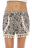 Just Love High Waisted Women Shorts - Summer Pom Pom Beach Shorts,Black/Cream Vintage,Large,Black/Cream Vintage,Large