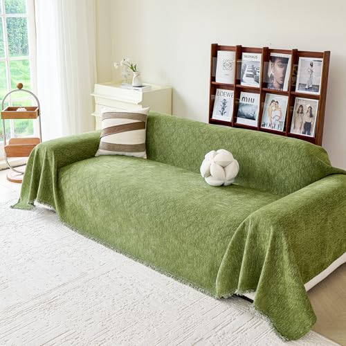 VANJOROY Green Oversized Couch Sofa Cover for 3-4 Cushion Sectional Sofa L-Shape -Washable Chenille Couch Cover for Dogs Pets, Boho Couch Cover Protector Soft Sofa Slipcovers with Tassel,91"x 150"