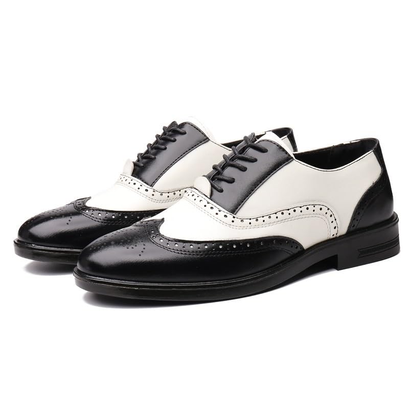 Comfortable Dress Shoes for Men Retro Lace Up Brogue Embossed Wing tip Two Tone Leather Oxford Shoes Rubber Sole Block Heel Anti-Slip Low Top Prom2