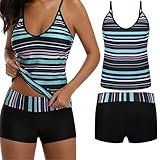 Womens Two Piece Swimwear Tankini Set, Top with Shorts Padded Swimsuit Low Waist Sporty Swimsuit Bikini Swim Costume, Gradient Color (UK, Alpha, XXL, Regular, Regular, Black + Blue)