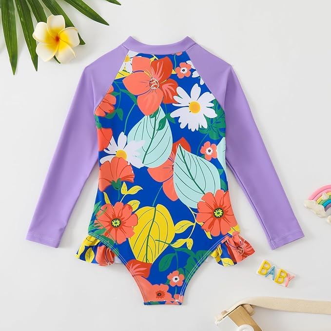 Image of Kids Girls Swimsuit Long Sleeve One Piece Swimwear Zipper Bathing Suit UV Protection Rash Guard Swimming