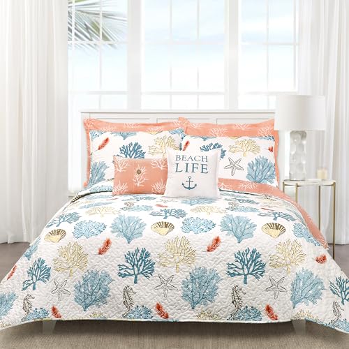 Image of Lush Decor Coastal Reef Feather Reversible Quilt Set, 7 Piece Set Full / Queen Blue & Coral - Queen Bedding Set Quilted - Coastal Decor - Beach House - Beachy Room