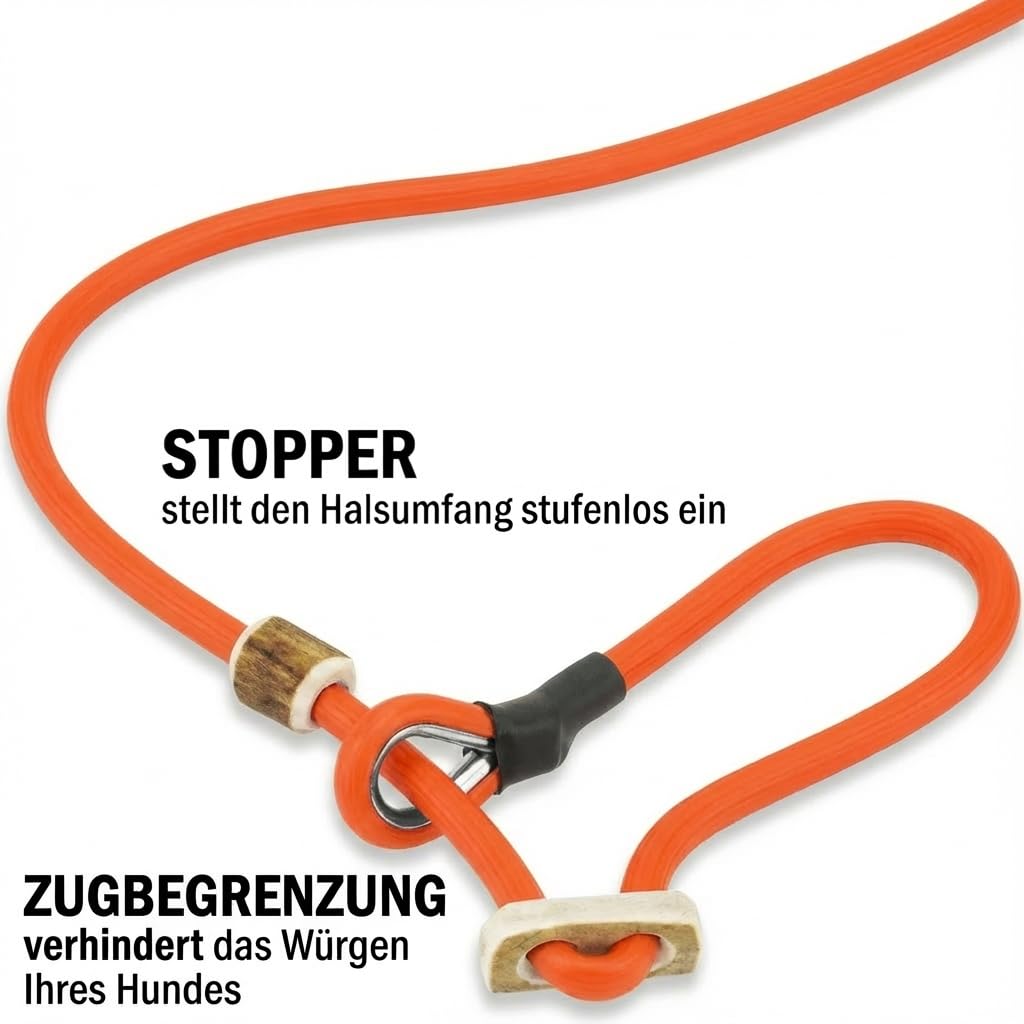 Biothane Umhänge Moxonleine 6mm dünne Retrieverleine | lautlose Jagdleine | stufenlos verserstellbar | Hundeleine für kleine bis große Hunde | 260-300cm Länge | mit Zugstopp (Orange, 300cm)
