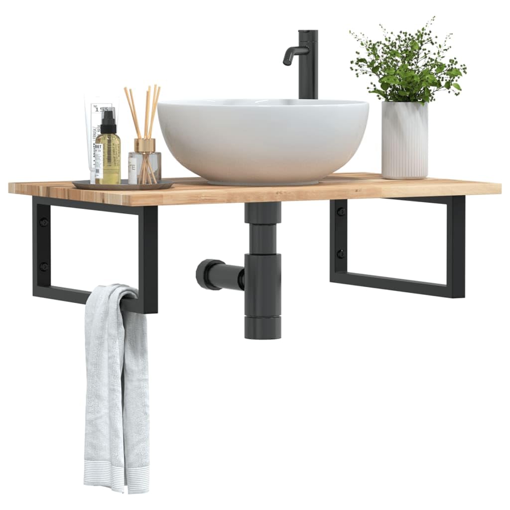 Estantería para lavabo de pared de acero y madera de acacia con estante de 60 x 50 cm, soporte negro, ahorra espacio, estable, versátil para baño, lavabo, inodoro de invitados