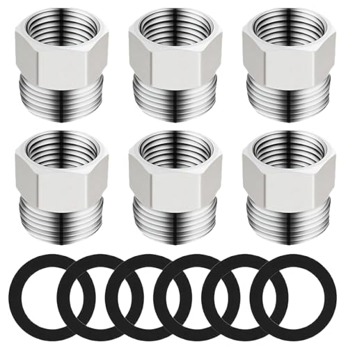 Paquete de 6 reductores de 1/2 a 3/8, boquilla de manguito de acero inoxidable con 6 anillos de sellado, revestimiento de latón y níquel para resistencia a la corrosión y al óxido, adaptador de 1/2