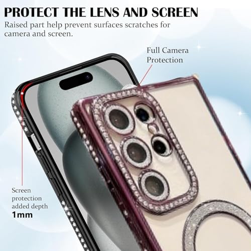 Image of for Samsung Galaxy Glitter Case,Luxury Bling Rhinestone Diamond Plated Bumper Case,MagSafe, Sparkle Camera Lens Protection Clear Back Cover (Purple, for Samsung Galaxy S25 Ultra)