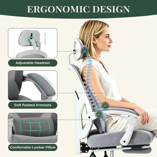 Image of Ergonomic Office Chair with Footrest, High Back Home Desk Computer Chair with Lumbar Support & Headrest, 90-135 Reclining Mesh Back with Wheels for Work, Gaming, Grey