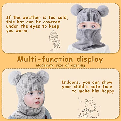 Baby Winter Hat Scarf Set 2 Pack, Toddler Beanie Hats Girl Boys With Neck Warmer&Double Pom Pom, Beanie For Kids Knit Warm Thick Fleece Lined For Cold Weather(Gray&Navy) #TOP2