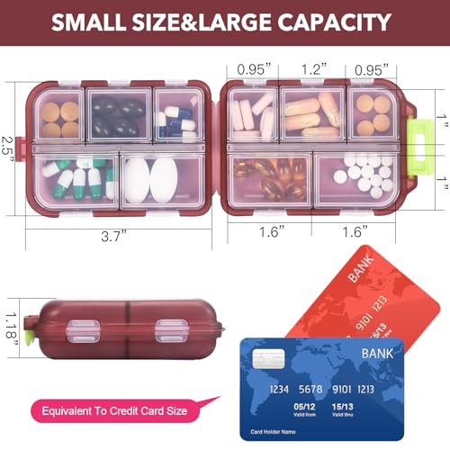 Image of Medicine Pill Organizer with 189 Labels, 10 Compartments Travel Pill Box, Mini Case, Compact Container for Purse (Brown)