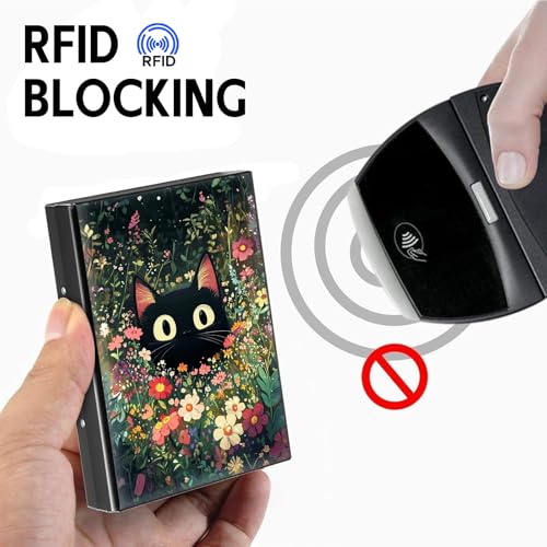 Rfid Blocking Metal Credit Card Wallet–Slim & Durable 6-Slot Card Holder,Stainless Steel Rfid Protection Case for Men & Women,Compact Business Card Organizer,Black Cat Hidden in Flower Bush3