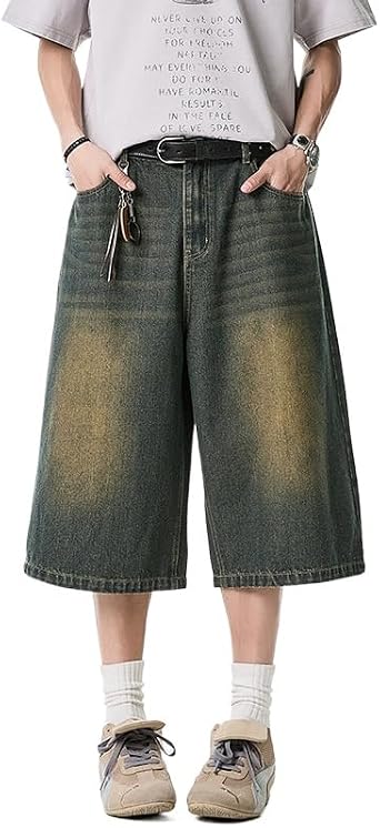 Mens Wide Leg Vintage Denim Shorts with Elastic Waistband Y2K Harajuku Fashion Loose Baggy Grunge Denim Bottoms