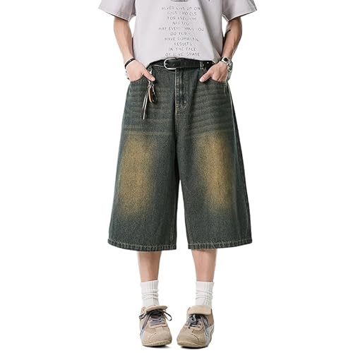 Men's Wide Leg Vintage Denim Shorts with Elastic Waistband Y2K Harajuku Fashion Loose Baggy Grunge Denim Bottoms (Vintage Blue,X-Large)