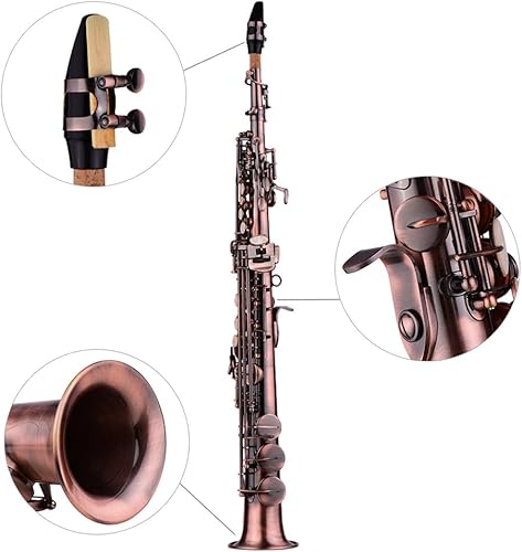 Miniatura 2 de Saxofón recto Bb Saxofón Soprano Saxofón Profesional Rojo Bronce Saxofón recto Instrumento de viento de madera con estuche Guantes Paño de limpieza