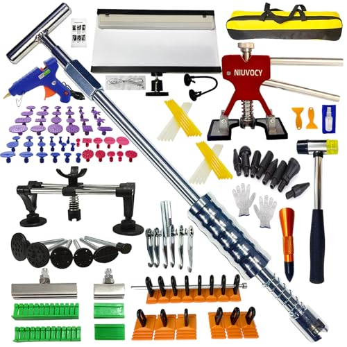 Image of Auto Body Dent Puller Kit for Dent Removal with Red Dent Lifter,T-Bar,Slide Hammer,Bridge Puller and More for Paintless Dent Removal Kit (104pcs-with dent Light)