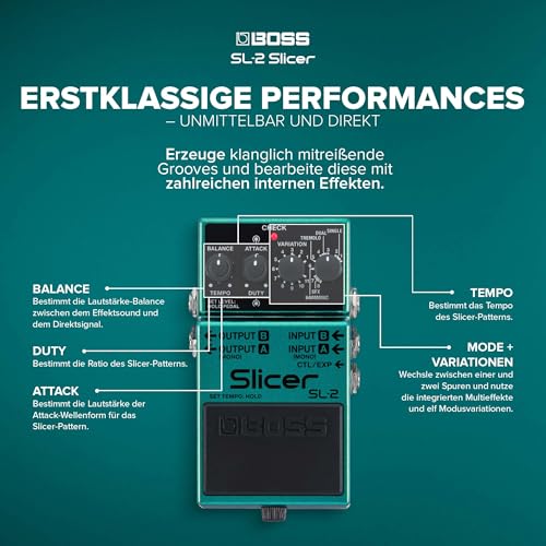 BOSS SL-2 Slicer | Kompaktpedal für Gitarre, Keyboard, DJs & mehr | Erzeuge pulsierende Grooves | Mehrere Slicer-Spuren | 88 integrierte Patterns | Stereo-Ausgangsmodi | Steuerung über MIDI-Eingang