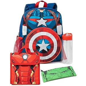 Marvel Boys 4 Piece Backpack Set | Kids Superhero Rucksack Bundle with School Bag, Pencil Case, Lunch Bag & Water Bottle