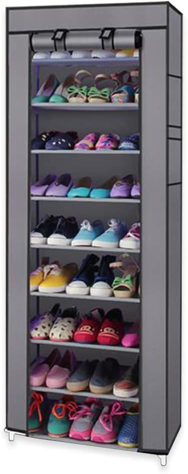 BNSPLY 10-Tier Non-Woven Fabric Shoe Rack, Large Shoe Shelf with Dustproof Cover, 2 side pockets Shoe Storage Cabinet Organizer for Closets, Bedrooms, Garages, Grey