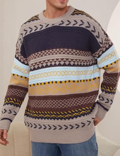 Flygo Men's Vintage Grandpa Sweater Crewneck Oversized Striped Aztec Cable Knit Pullover Unisex Jumper Tops(Grey-XL)3