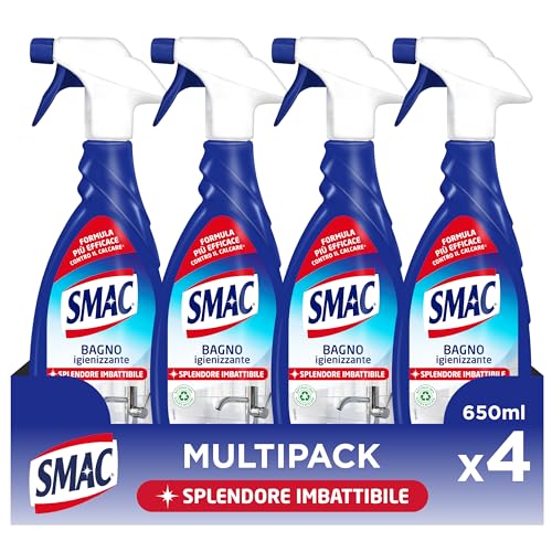 Smac - Bagno Igienizzante, Detergente Spray Multisuperficie con Azione Anticalcare, Splendore Imbattibile, 650 ml x 4 Pezzi