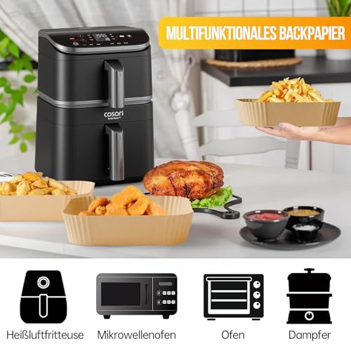 100 Stück Airfryer Backpapier Zubehör für Heißluftfritteuse Cosori Turbo Tower Pro&Smart Airfryer 10,8L Double Stack,Baking Paper für COSORI Turboblaze Air Fryer CAF-DC601-KEU&CAF-DC112-ADE(6,5L&4,3L)