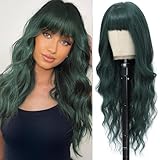 MINSEEYOO Dark Green Wig with Bangs for Women Long Dark Green Wavy Wigs 26 Inch Green Wigs Natural Looking Heat Resistant Synthetic Wig for Daily Party Use