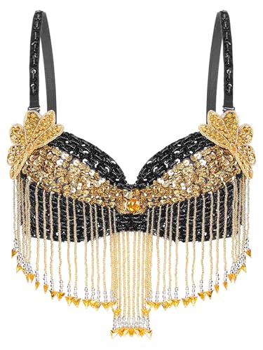 Linjinx Women Glitter Belly Dance Crop Tops Beaded Sequined Bra Tank Top Costume Music Festival Clubwear Black One Size