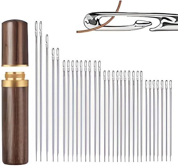 30-Piece Self-Threading Quilting Needle Set with Wooden Storage Case – Long Needles in Various Sizes for Quilting, Embroidery & Hand Sewing – Easy Threading Design
