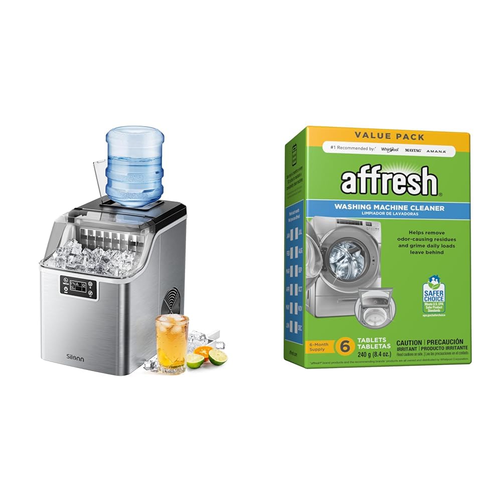 Silonn Countertop Ice Maker, 45lbs Per Day, 24Pcs Ice Cubes in 13 Min & Affresh Washing Machine Cleaner, 6 Month Supply, Cleans Front Load and Top Load Washers, Including HE