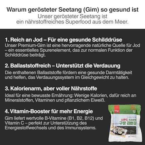 Premium Kimbap Gim Nori – Geröstete Seetangblätter für Sushi & Kimbap | Fein geröstet & bestens formstabil | 15 / 50 / 100 Blatt im wiederverschließbaren Beutel (15 Blatt)