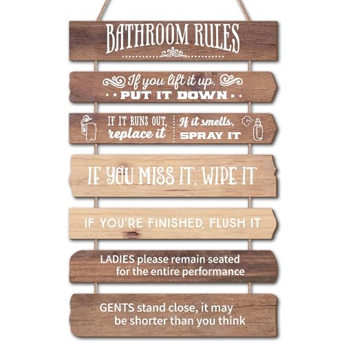Ovveroche Western Bathroom Rules Bathroom Wall Decor, Wooden Farmhouse Hanging Sign, 12 x 26 Inches, Brown