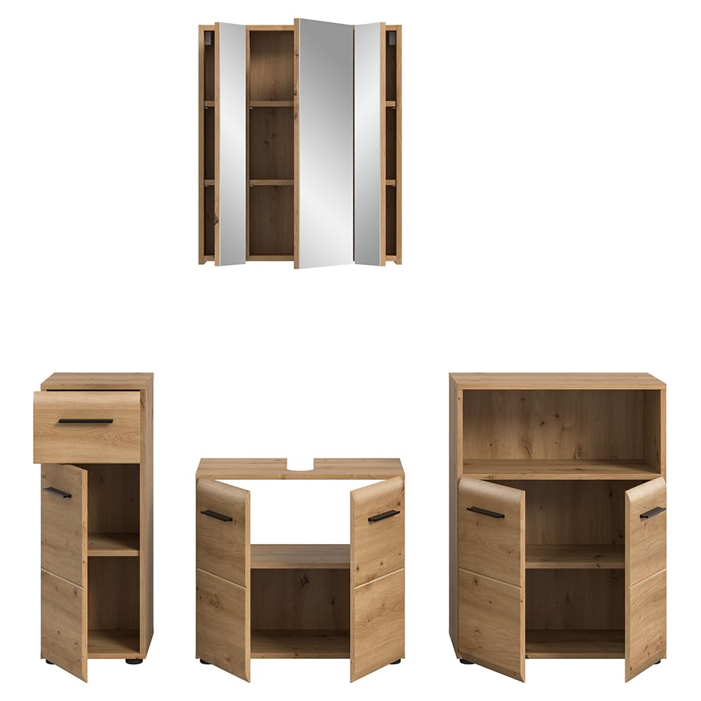 Lomadox Badezimmer Badmöbel-Set 4-teilig in Eiche, mit 2 Unterschränke, 1 Spiegelschrank mit 3D-Funktion & 1 Waschbeckenschrank