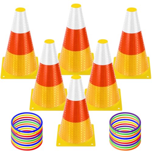 Clothsport 24 PCS Halloween Candy Corn Ring Toss Game Kit 6 White Orange Yellow Cones 18 Toss Rings - Outdoor/Indoor Carnival Party for Kids, Adults, School, Family Party Favors & Throwing Toy