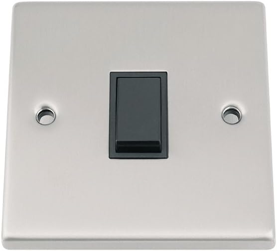 Light Switch 1 Gang - Satin Matt Chrome - Square - Black Insert Plastic Switch - 10 Amp Single 1 Gang 2 Way