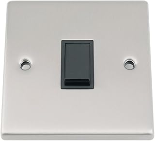 Light Switch 1 Gang - Satin Matt Chrome - Square - Black Insert Plastic Switch - 10 Amp Single 1 Gang 2 Way