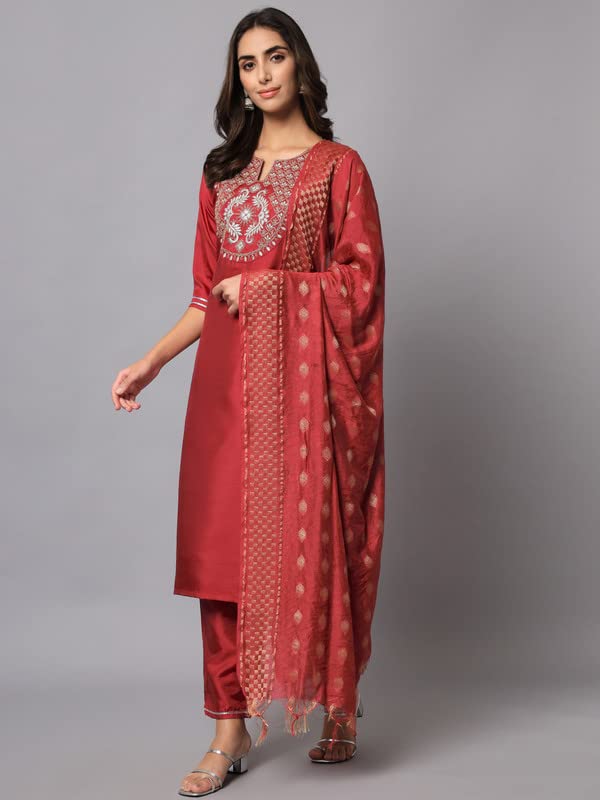 Image of VredeVogel Women's Cotton Silk Blend Embroidered Viscose Print Kurta Pant With Dupatta Set