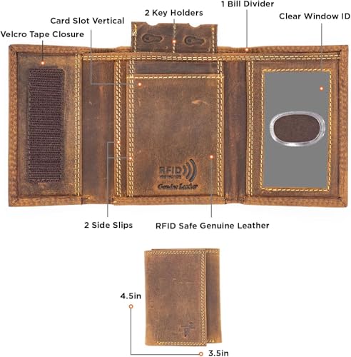 Mens Trifold Wallet RFID Protection Genuine Leather Trifold Wallet Key Holder Velcro's Closure Card Case Holder (J133, Rustic Brown)2