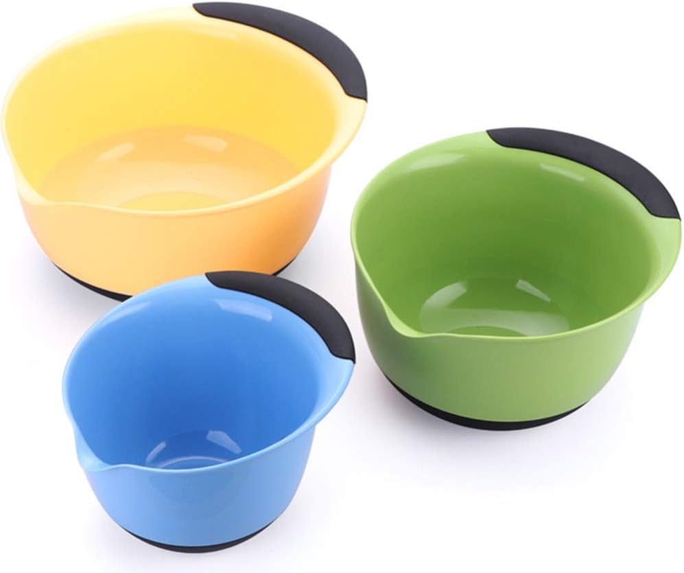 3pcs Plastic Mixing Bowl Set Nesting Mixing Bowls with Rubber Grip Handles Easy Pour Spout and Non Slip Bottom for Kitchen Baking or Salad