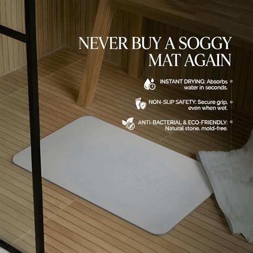 Image of Stone Bath Mat | Diatomaceous Earth Non-Slip Quick Drying Bathroom Floor Mat | Super Absorbent Bathtub & Shower Mat | Odor Free, Safe & Clean for Bathroom & Kitchen (Light cream, 39.5 x 59.5 cm)