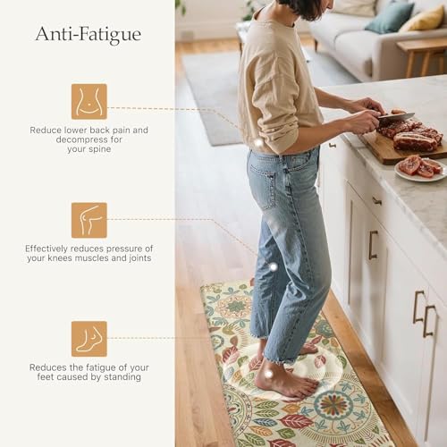 Image of SHREENIDHI Kitchen Floor Mat Set of 2 Rectangular Printed Mats for Sink Stove and Counter Area Placement with Kitchen Theme Geometric and Floral Design Options (Leaf Pattern Mat 1)