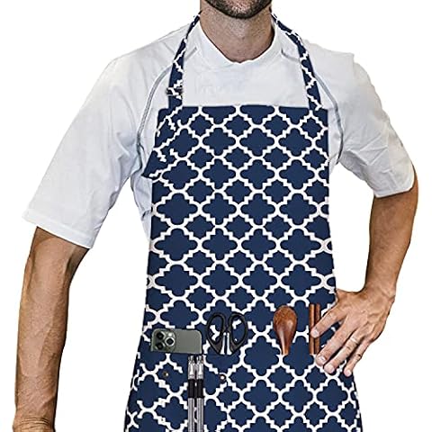 LessMo Cooking Apron, Kitchen Apron with 3 Pockets, BBQ Apron with Adjustable Neck Strap for Home, Restaurant, Craft, Garden, Coffee House, Apron for Men Women, 100% Cotton (BLUE) Cover