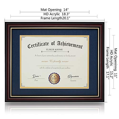 Image of ELSKER&HOME Diploma Frame - Classic Cherry Wood Color Wide Frame - ONLY Fits 11x14 Document /Certificate - Acrylic Plate - Table Top or Wall Mount Display (Double Mat, Navy Mat with Golden Rim) | Document Frames 11x14 with Mat or Certificate 15x18 without Mat Table Top or Wall Mount (Navy Mat with Golden Rim)