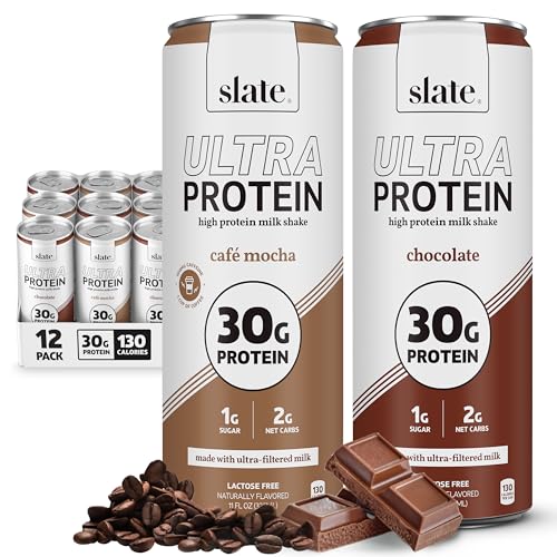 Image of Slate Milk Ultra High Protein Milk Shake (Chocolate & Energy Pack) Chocolate & Cafe Mocha - 30g Protein, 1g Sugar, 130 Calories, 2g Net Carbs - No Added Sugar - Lactose Free - 11 fl oz, 12 Cans